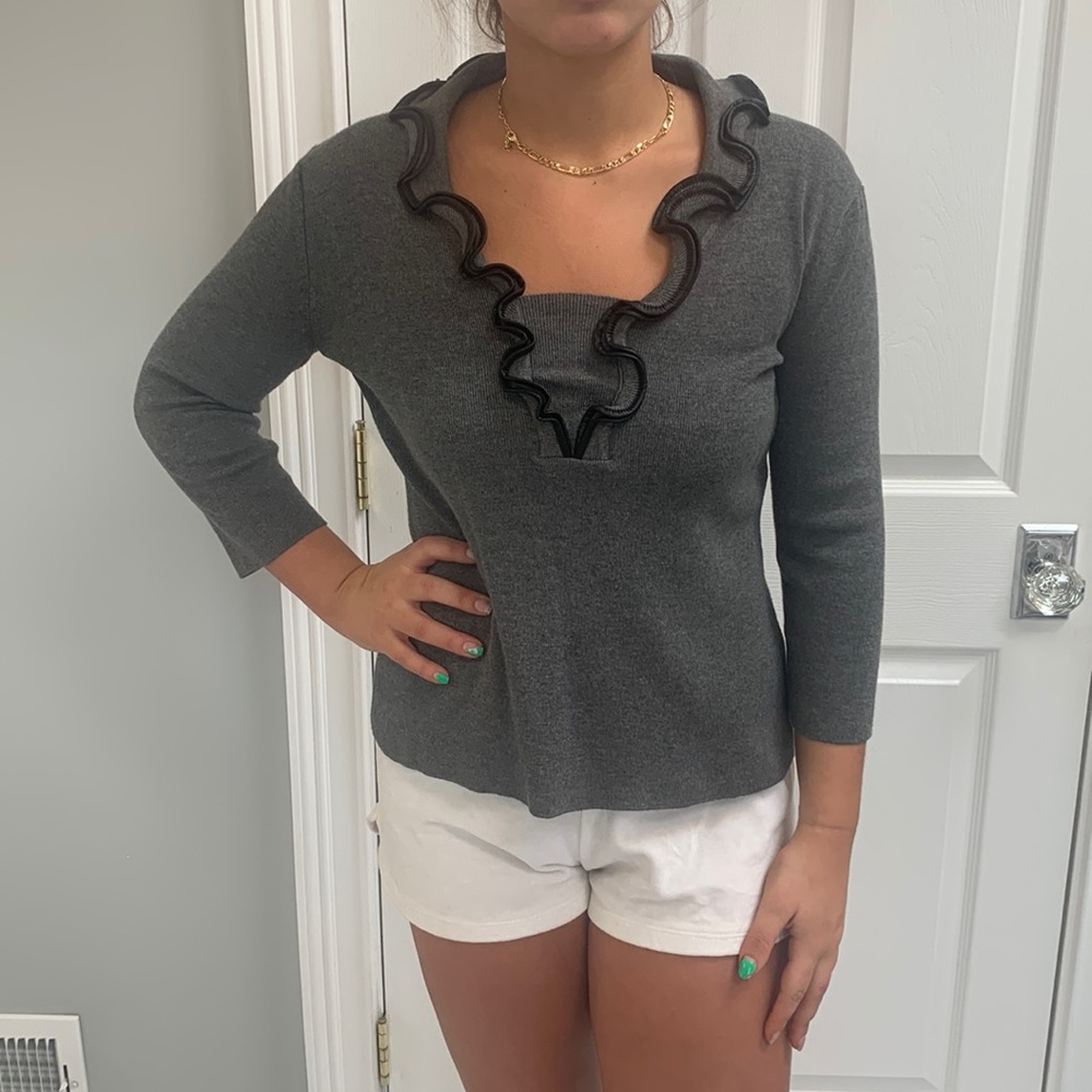 RED Gray 3/4 sleeve Sweater w/Leather-Trimmed Ruffle Neckline
